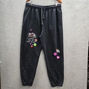 Teddy Fresh Men Pants L Black Embroidered Graphic Sweatpants Fleece Motorcycle
